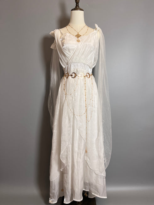White Fantasy Tulle Dress with Draped Sleeves and Celestial Belt – Greek Goddess Dress Plus Size